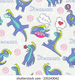 Vector seamless pattern with cartoon and funny dinosaurs. Background for use in design, web site, packing, textile, fabric