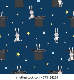 Vector seamless pattern with cartoon funny rabbits and hats magician on  blue  background.