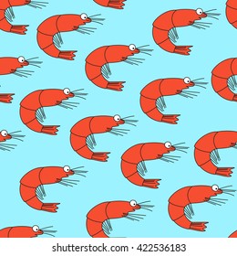 Vector seamless pattern with cartoon funny red shrimp on blue background. EPS 10.