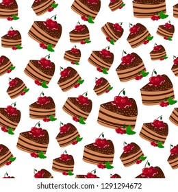 Vector seamless pattern - cartoon giant birthday cake with chocolate, cherry and mint on white background, vector illustration for textile, fabric, wrapping paper, restaurants menu