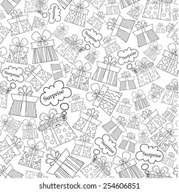 Vector seamless pattern with cartoon gifts on white background. Background for use in design, web site, packing, textile, fabric