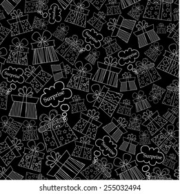 Vector seamless pattern with cartoon gifts on black background. Background for use in design, web site, packing, textile, fabric