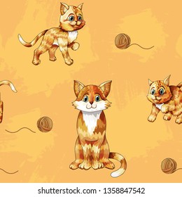 Vector seamless pattern of cartoon ginger cats on colored background. Can use ornament for printing on textile or gift wrap and wallpapers