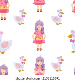 patrón vectorial sin fisuras con niña y ganso de dibujos