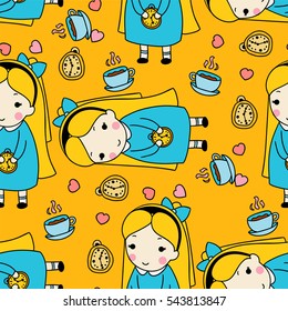 Vector seamless pattern. Cartoon girl, tea cup, clock and hearts. Hand drawn doodle style, childish colors. Blue, yellow, pink colors 