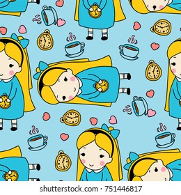 Vector seamless pattern. Cartoon girl, tea cup, clock and hearts. Hand drawn doodle style, childish colors. Blue, yellow, pink colors 