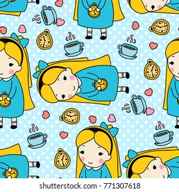 Vector seamless pattern. Cartoon girl, tea cup, clock and hearts. Hand drawn doodle style, childish colors. Blue, yellow, pink colors. Polka dot background