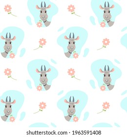 Vector seamless pattern with cartoon goats and flowers. Cute funny animals wallpaper. Texture for textile or wrapping paper.