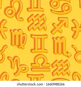 Vector Seamless Pattern of Cartoon Gold Zodiac Signs. Astrological Background.