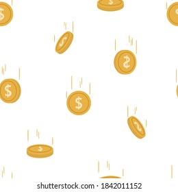 Vector Seamless pattern. Cartoon gold coins from different sides with a dollar icon. Background on the theme of money.