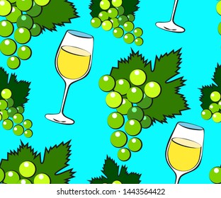 Vector seamless pattern with cartoon grapes and wineglass. Bright juice berries. Illustration used for magazine, book, poster, card, menu cover, web pages.