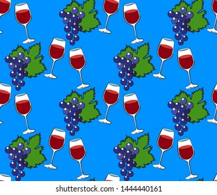 Vector seamless pattern with cartoon grapes and wineglass. Bright juice berries. Illustration used for magazine, book, poster, card, menu cover, web pages.