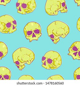 Vector Seamless Pattern of Cartoon Green Skulls on Turquoise Background. Acid Colors Design.