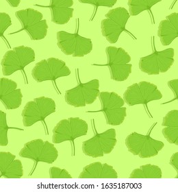 Vector Seamless Pattern of Cartoon Green Ginkgo Leaves
