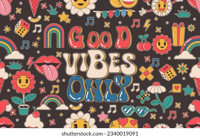 Vector of Seamless Pattern of Cartoon groovy stickers 70s with hippie style