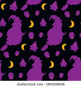 vector seamless pattern with cartoon Halloween elements. can be used as Wallpaper, print for clothing, notebooks, fabric, textiles, wrapping paper design. witch on a broomstick, magic wand, spell book