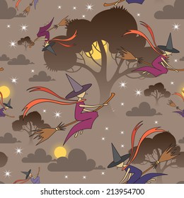 Vector seamless pattern with cartoon Halloween symbols. Background for use in design, web site, packing, textile, fabric