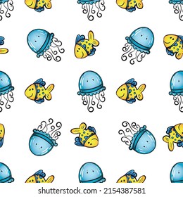 Vector seamless pattern of cartoon hand drawn sea animals, fishes, underwater plants. Perfect for textile print, baby shower, kids bedroom decor, birthday party, packaging design, wrapping paper