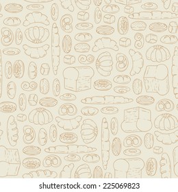 Vector seamless pattern with cartoon, hand drawn bakery products. Background for use in design, web site, packing, textile, fabric