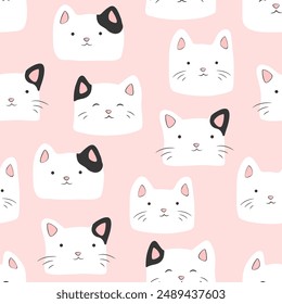 Vector seamless pattern with cartoon hand drawn cat faces isolated on pink background. Cute animal design template for print, fabric, wallpaper, card, nursery decoration