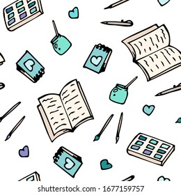 vector seamless pattern with cartoon hand-drawn notebooks, pens, pencils, brushes and paints. it can be used as Wallpaper, background, print, textile design, notebooks, phone cases, packaging paper.