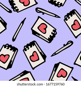 vector seamless pattern with cartoon hand-drawn notebooks, pencil and pens. it can be used as Wallpaper, background, print, textile design, notebooks, phone cases, packaging paper, and more.