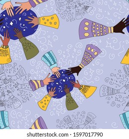 Vector seamless pattern. Cartoon hands of a different people from different sides touch the fingers of one stone in the center,on the theme of occultism,spirituality - isolated on blue background
