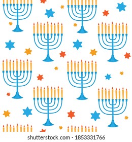 Vector seamless pattern with cartoon Hanukkah symbols isolated on white. Happy New Year, traditional holiday - candles and israel stars