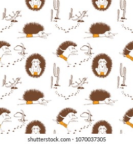 Vector seamless pattern with cartoon hedgehog does yoga against a desert background with cacti and lizards. Healthy lifestyle concept. Use for postcards, print for t-shirts, posters, textile.