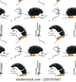 Vector Seamless pattern with cartoon hedgehog does yoga against a desert background with cacti and lizards. Healthy lifestyle concept. Use for postcards, print for t-shirts, posters, textile.