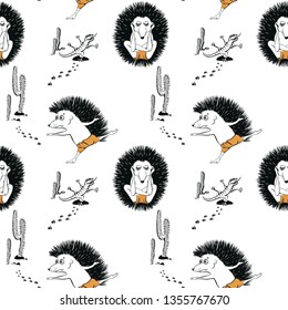 Vector Seamless pattern with cartoon hedgehog does yoga against a desert background with cacti and lizards. Healthy lifestyle concept. Use for postcards, print for t-shirts, posters, textile.