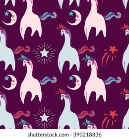 Vector seamless pattern with cartoon horse, moon and star