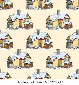 Vector seamless pattern with cartoon houses in winter time. Architectural background