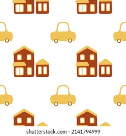 Vector seamless pattern with cartoon houses and passenger car in red and yellow colors on white background. Cute illustration for wallpaper, wrapping paper, background, fabric, textile.
