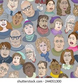 Vector seamless pattern of cartoon human and cats faces  on grey background