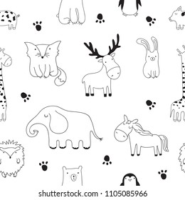 Vector seamless pattern. Cartoon illustration with cute doodle animals. Perfect for postcard, birthday, baby book, children room. Giraffe, bear, penguin, rabbit, hedgehog; elephant, fox, elk