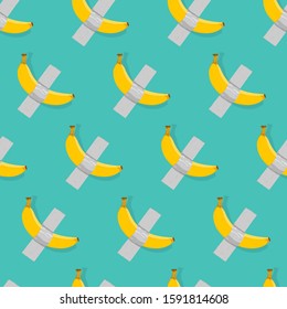 Vector seamless pattern with cartoon illustration of yellow ripe bananas duck taped on turquoise wall background. Conceptual art modern installation. Yellow banana duct-taped to a wall at art gallery.