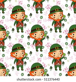 Vector seamless pattern. Cartoon illustration of leprechaun for Saint Patrick design. Smiling man with clover and irish costume. Green, orange, brown colors. Character isolated on white background