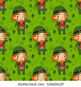 Vector seamless pattern. Cartoon illustration of leprechaun for Saint Patrick design. Smiling man with clover and irish costume. Green, orange, brown colors. Character isolated on white background