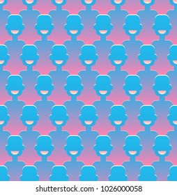 Vector seamless pattern with cartoon images of blue smiling human faces on a pink background. Textile, texture, fabric, wallpaper, decoration. Seamless background. Vector illustration.
