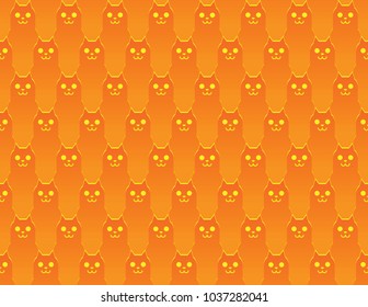 Vector seamless pattern with cartoon images of funny orange cat's muzzles on an orange background. Textile, texture, fabric, wallpaper, animal, pet. Seamless background. Vector illustration.