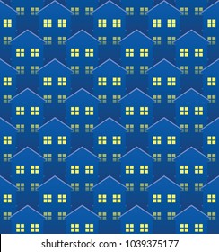 Vector seamless pattern with cartoon images of blue houses with windows on a night background. Textile, texture, fabric, wallpaper, building, architecture. Seamless background. Vector illustration.