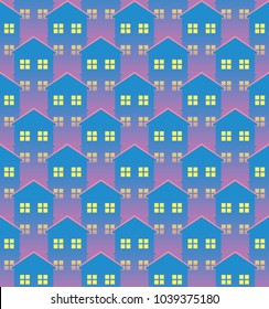 Vector seamless pattern with cartoon images of blue houses with windows on a pink background. Textile, texture, fabric, wallpaper, building, architecture. Seamless background. Vector illustration.
