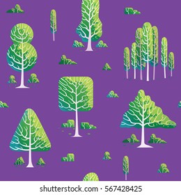 Vector seamless pattern with cartoon images of different green trees of various shapes with small green bushes below on a purple background. Nature, forest, wallpaper. Vector illustration.