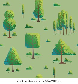Vector seamless pattern with cartoon images of different green trees of various shapes with small green bushes below on a light green background. Nature, forest, wallpaper. Vector illustration.
