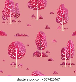 Vector seamless pattern with cartoon images of different red trees of various shapes with small red bushes below on a pink background. Nature, forest, wallpaper. Vector illustration.