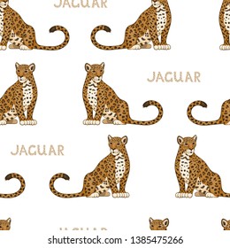 Vector seamless pattern with cartoon jaguars. Colored seamless background