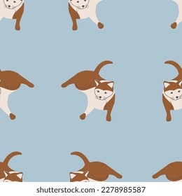 Vector seamless pattern with cartoon kitten. Hand draw cute cats in flat style. Retro style. For textiles, clothing, bed linen, office supplies.