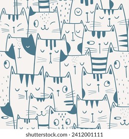 Vector seamless pattern with cartoon kitten. Hand draw cute cats in sketch style. Doodle style. For textiles, clothing, bed linen, office supplies.