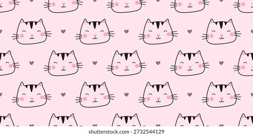 Padrão sem emenda do vetor com gatinhos e corações dos desenhos animados. Adequado para estampas de tecido, decoração de sala de crianças e designs lúdicos. Estilo moderno e bonito